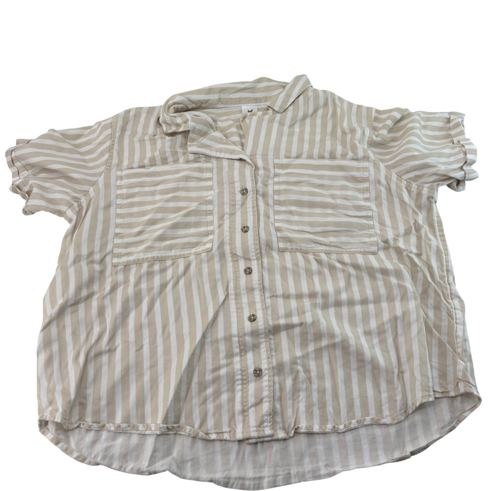 Members Mark XL Tencel Camp Shirt Tan White Striped Short Sleeve Button Down